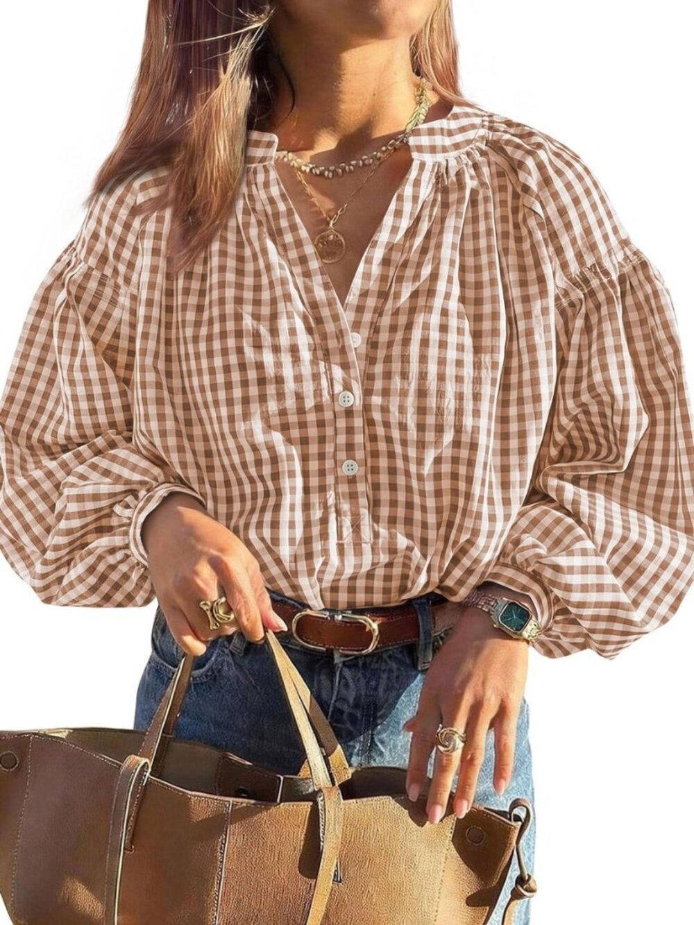 Women Fall Plaid Long Puff Sleeve Shirts V Neck Casual Blouses